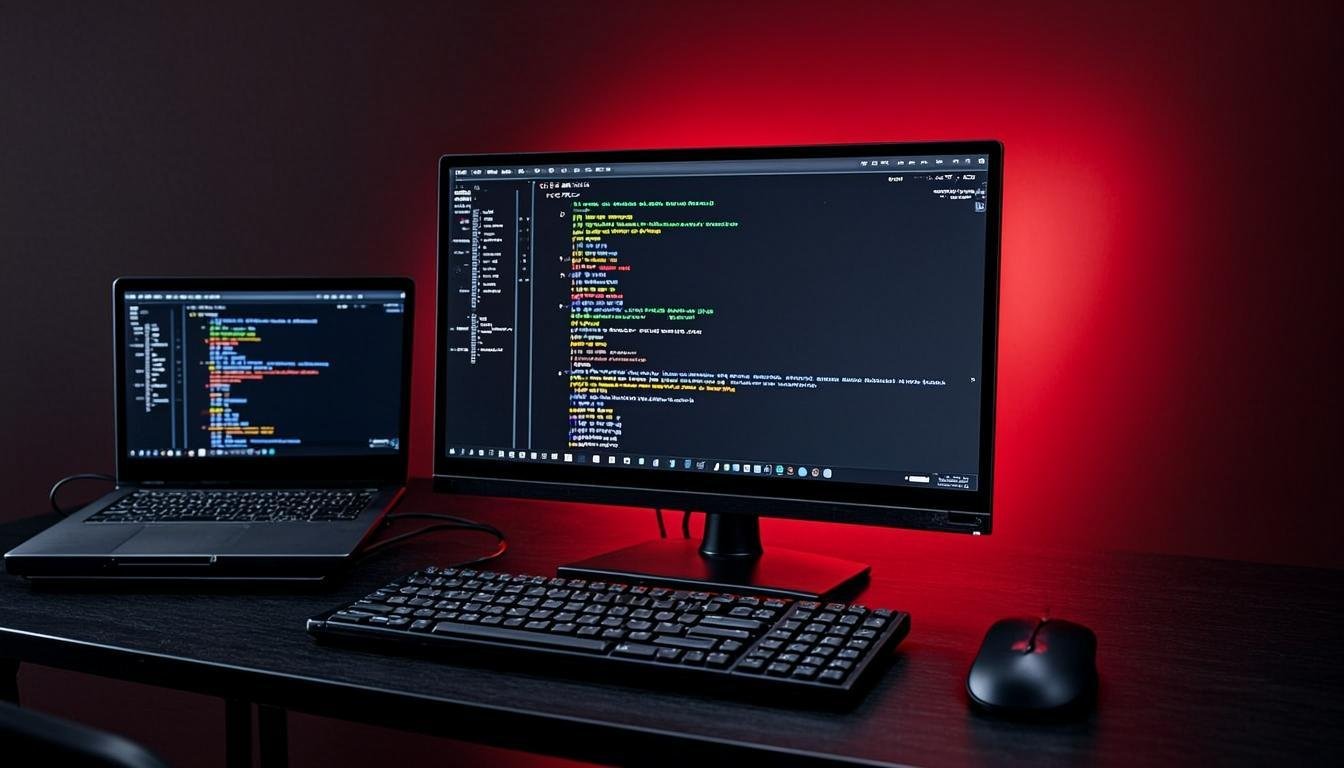 Programming workspace with code on screen in red ambient light