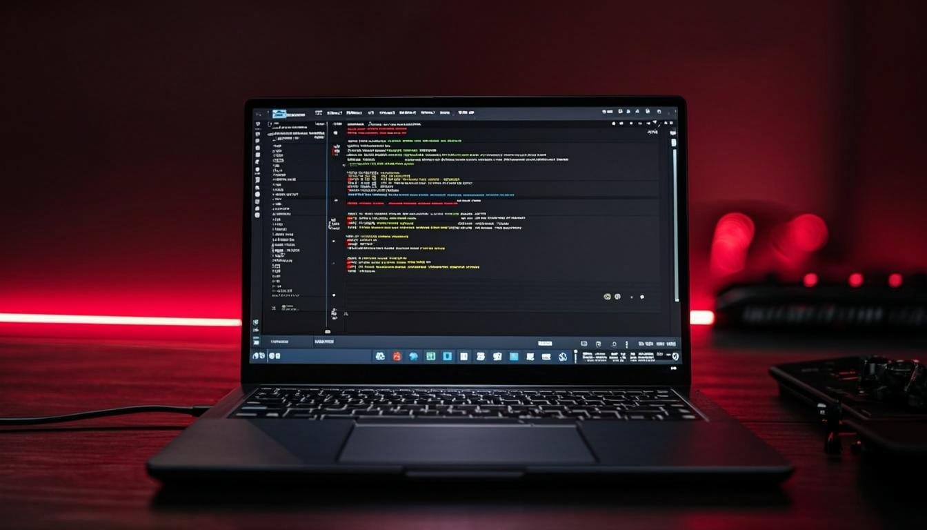 Programming code on a dark screen with red ambient light