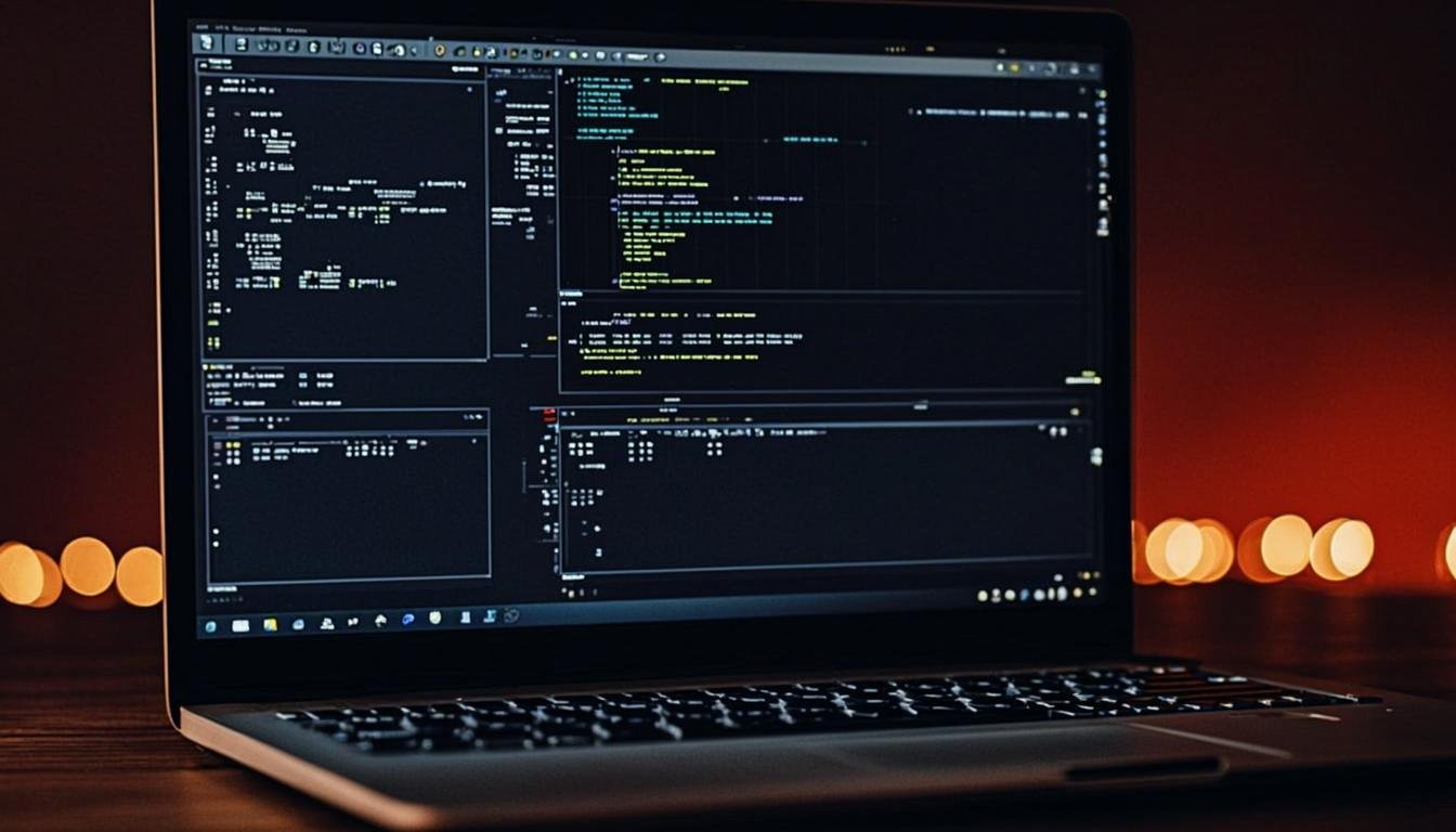 Programming code on a dark screen with red glow